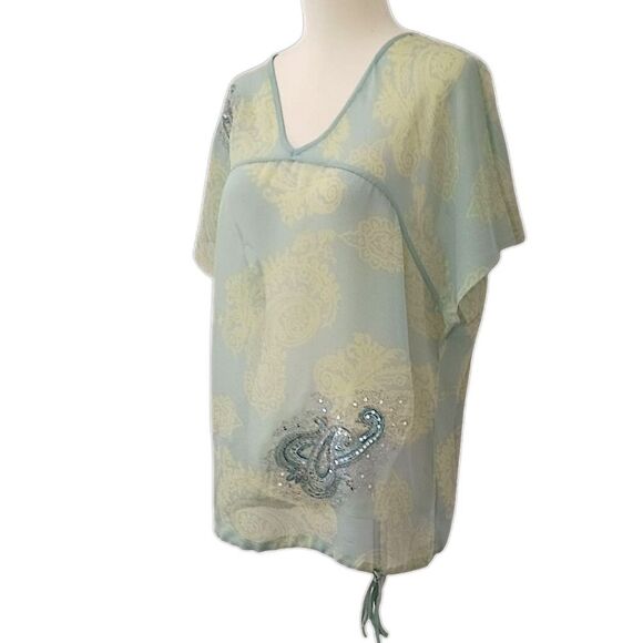 Y2K Paisley Silk Boxy Fit Blouse M Sheer Pastels Coquette Romantic Drawstring - Picture 5 of 16